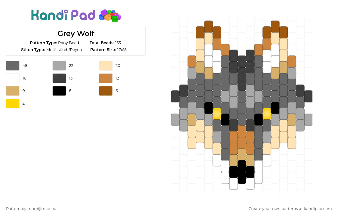 Grey Wolf - Pony Bead Pattern by momijimatcha on Kandi Pad - gray,beige,animal,dog,wolf