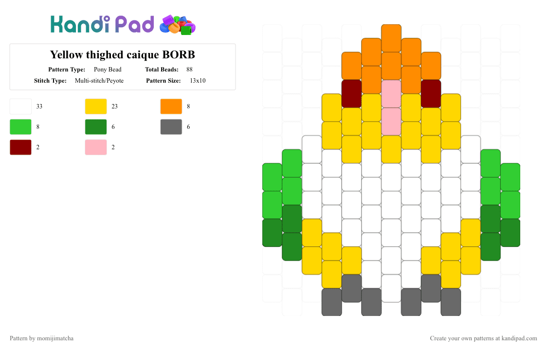 Yellow thighed caique BORB - Pony Bead Pattern by momijimatcha on Kandi Pad - yellow,green,bird,parrot