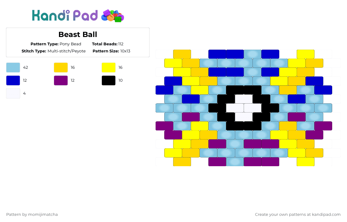 Beast Ball - Pony Bead Pattern by momijimatcha on Kandi Pad - beast ball,pokeball,pokemon,gaming,video game,light blue,yellow