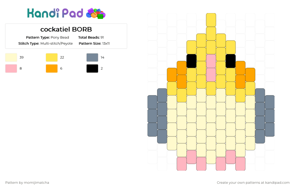 cockatiel BORB - Pony Bead Pattern by momijimatcha on Kandi Pad - yellow,bird,parrot