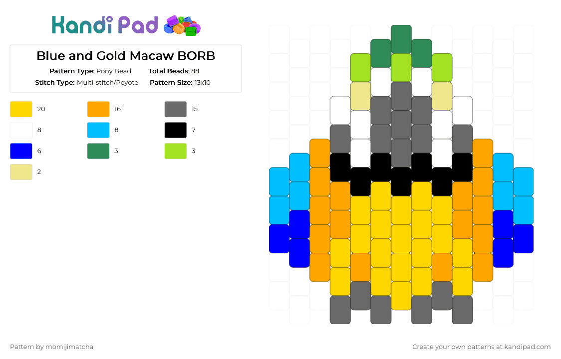 Blue and Gold Macaw BORB - Pony Bead Pattern by momijimatcha on Kandi Pad - yellow,gray,orange,bird,parrot