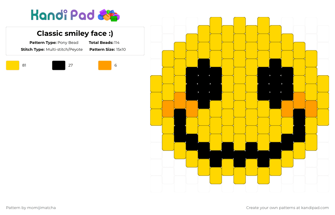 Classic smiley face :) - Pony Bead Pattern by momijimatcha on Kandi Pad - yellow,emoji