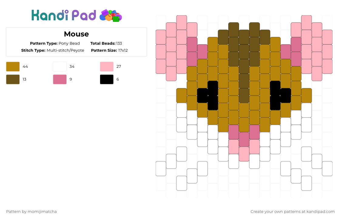 Mouse - Pony Bead Pattern by momijimatcha on Kandi Pad - gold,pink,animal,rodent