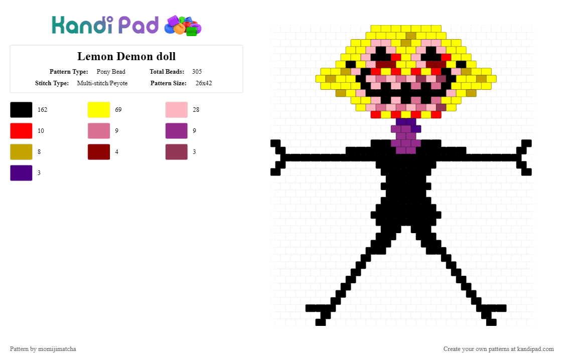 Lemon Demon doll - Pony Bead Pattern by momijimatcha on Kandi Pad - black, creepy, fnf, friday night funkin, pink, video game, yellow