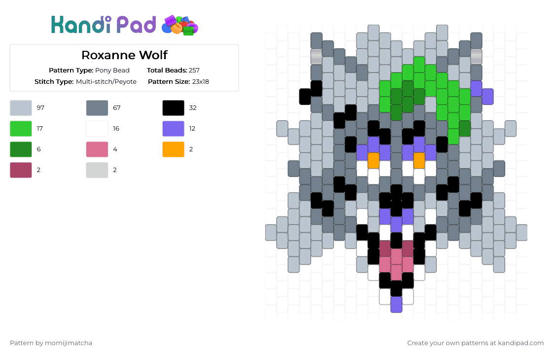 Roxanne Wolf - Pony Bead Pattern by momijimatcha on Kandi Pad - white,gray,green,fnaf,character