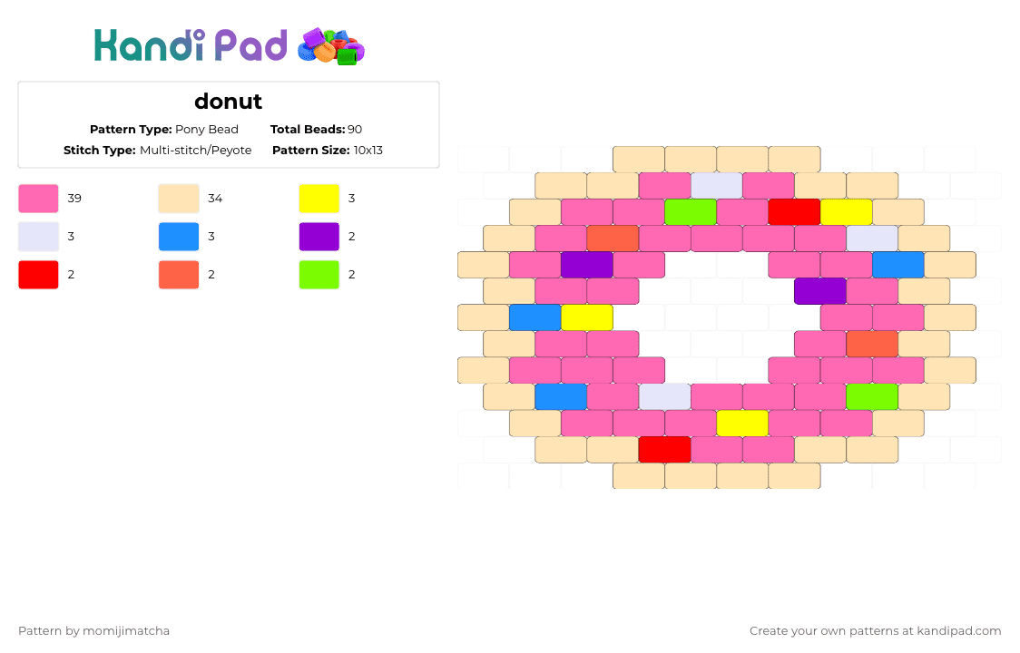 donut - Pony Bead Pattern by momijimatcha on Kandi Pad - donut,sprinkles,charm,food,beige,pink