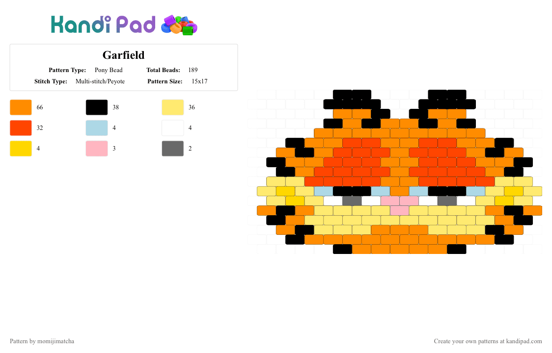 Garfield - Pony Bead Pattern by momijimatcha on Kandi Pad - red,yellow,orange,cat,cartoon