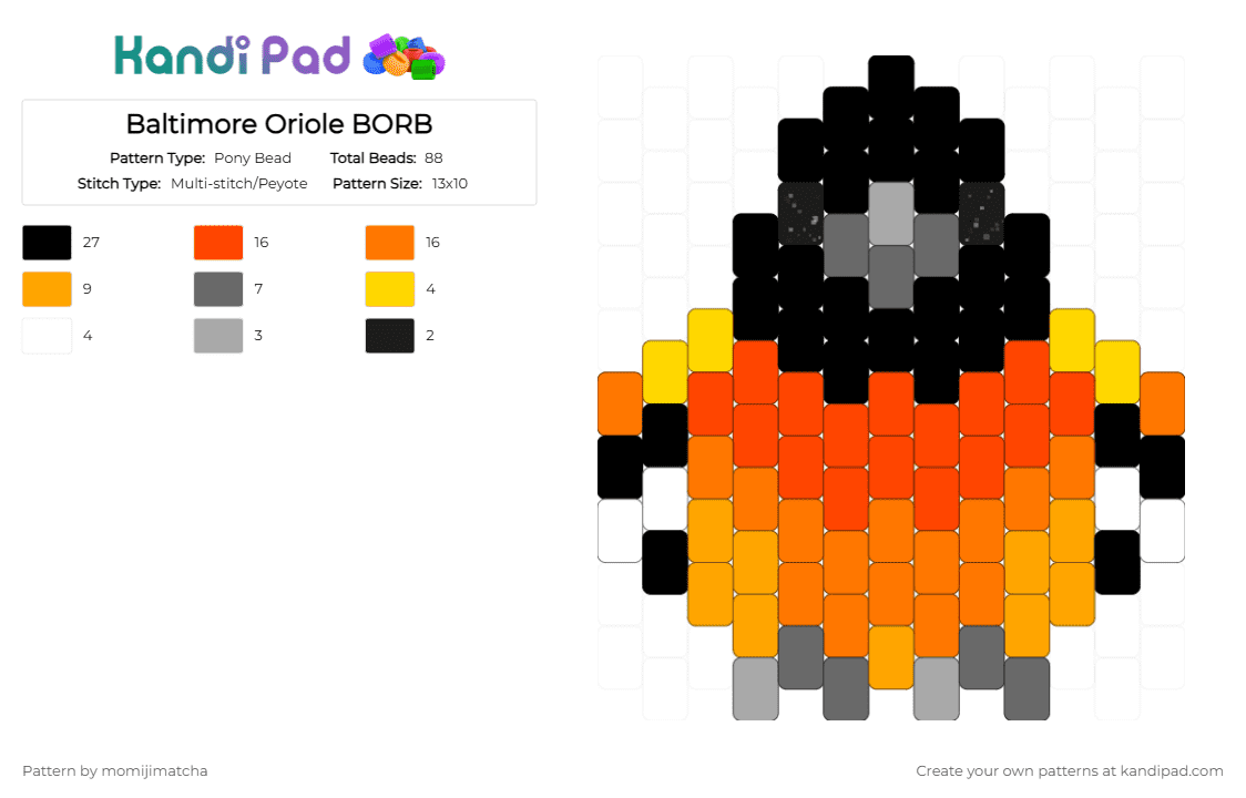 Baltimore Oriole BORB - Pony Bead Pattern by momijimatcha on Kandi Pad - red,orange,bird