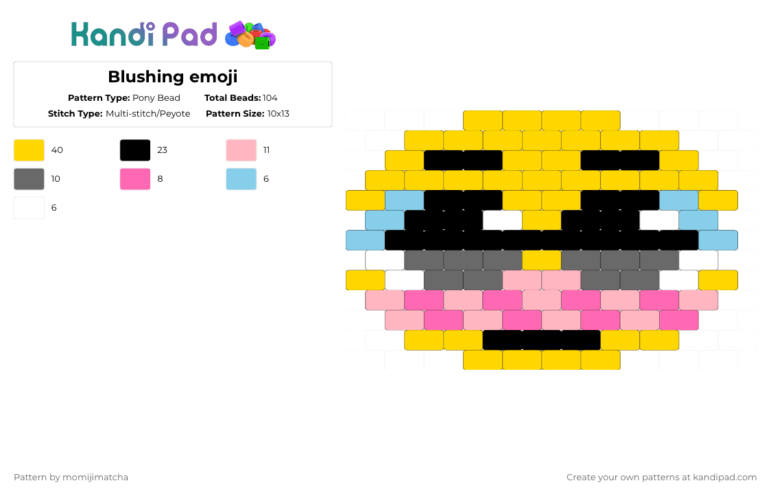 Blushing emoji - Pony Bead Pattern by momijimatcha on Kandi Pad - yellow,pink,emoji
