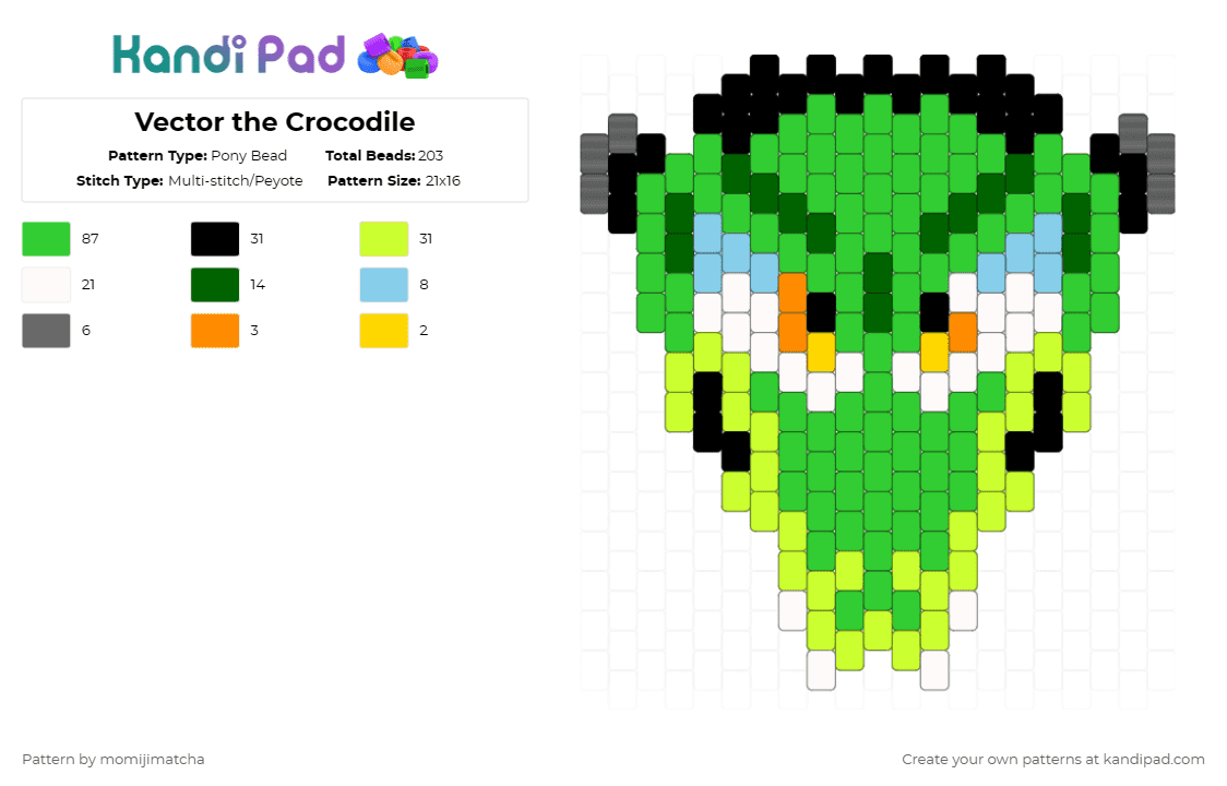 Vector the Crocodile - Pony Bead Pattern by momijimatcha on Kandi Pad - green,yellow,sonic the hedgehog