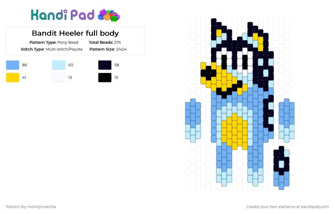 Bandit Heeler full body - Pony Bead Pattern by momijimatcha on Kandi Pad - light blue,cartoon,dog,bluey