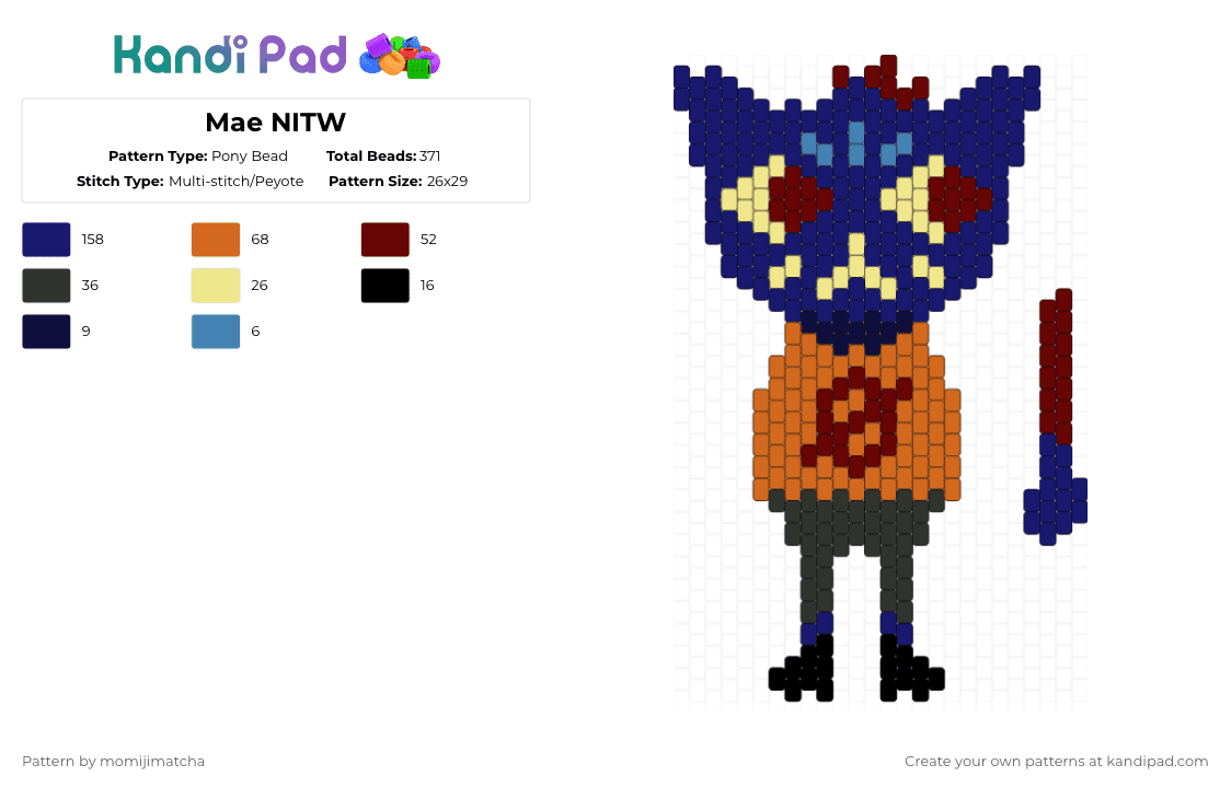 Mae NITW - Pony Bead Pattern by momijimatcha on Kandi Pad - purple,orange,character,video game,cat
