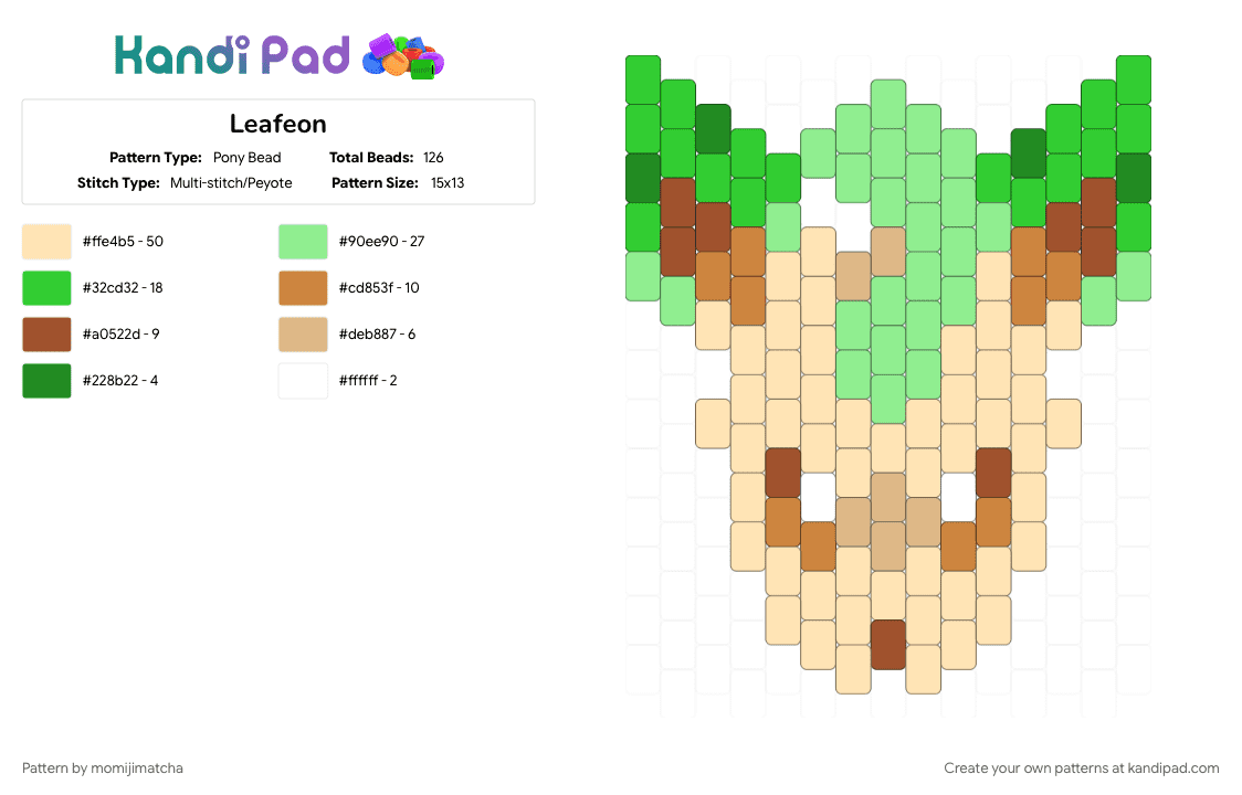Leafeon - Pony Bead Pattern by momijimatcha on Kandi Pad - beige, pokemon, teal