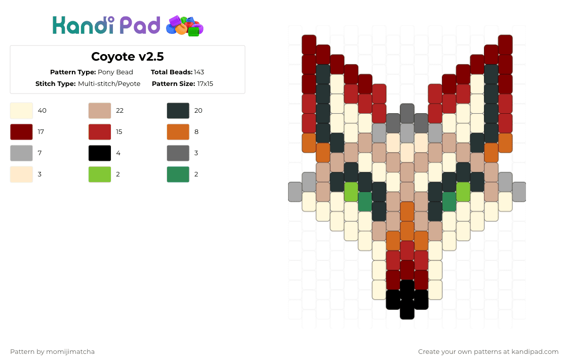 Coyote v2.5 - Pony Bead Pattern by momijimatcha on Kandi Pad - brown,red,beige,animal,canine