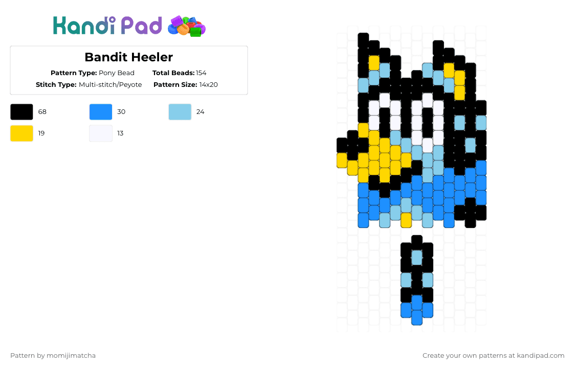 Bandit Heeler - Pony Bead Pattern by momijimatcha on Kandi Pad - bandit,character,head,tv show,cartoon,dog,animal,dad,bandit heeler,bluey,light blue,yellow
