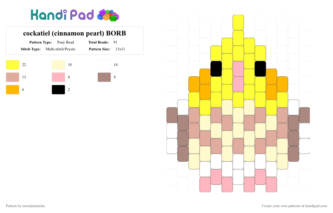 cockatiel (cinnamon pearl) BORB - Pony Bead Pattern by momijimatcha on Kandi Pad - yellow,bird,parrot