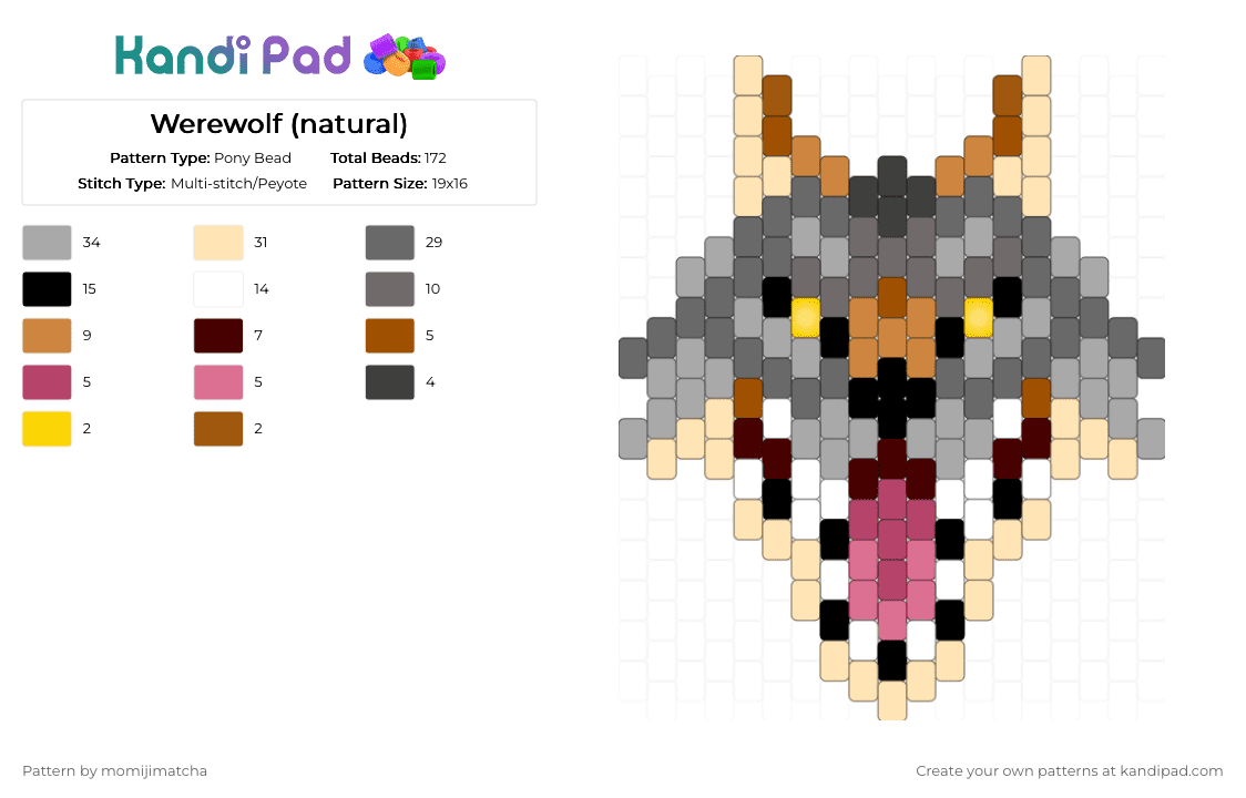 Werewolf (natural) - Pony Bead Pattern by momijimatcha on Kandi Pad - beige,gray,animal,dog,wolf,cryptid