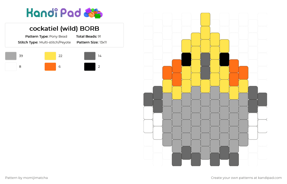 cockatiel (wild) BORB - Pony Bead Pattern by momijimatcha on Kandi Pad - yellow,beige,bird,parrot
