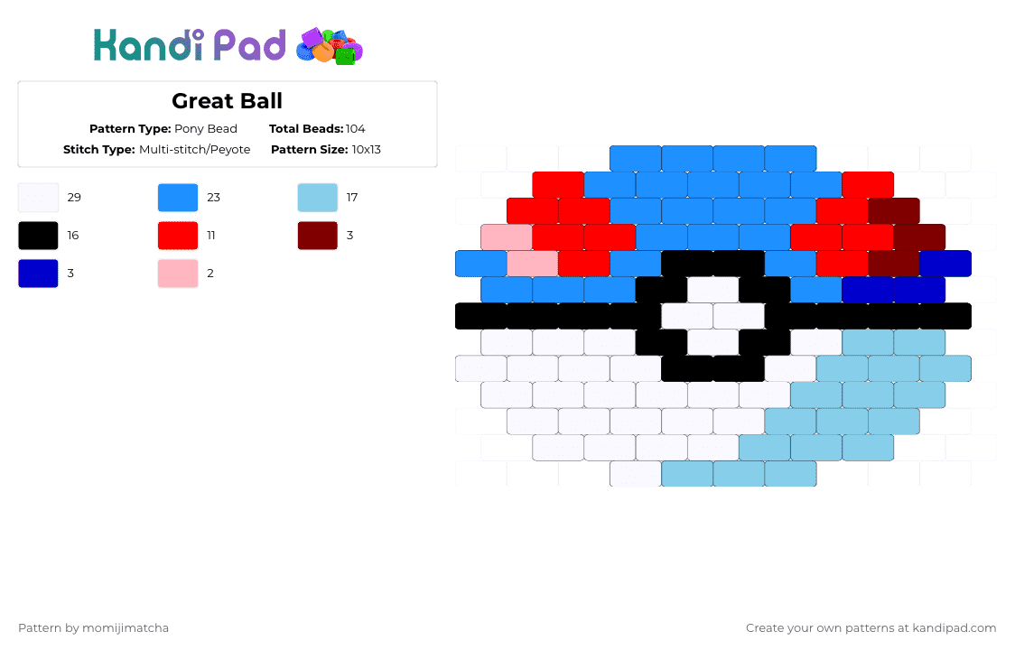 Great Ball - Pony Bead Pattern by momijimatcha on Kandi Pad - great ball,pokeball,pokemon,ball,video game,cartoon,gaming,light blue,red