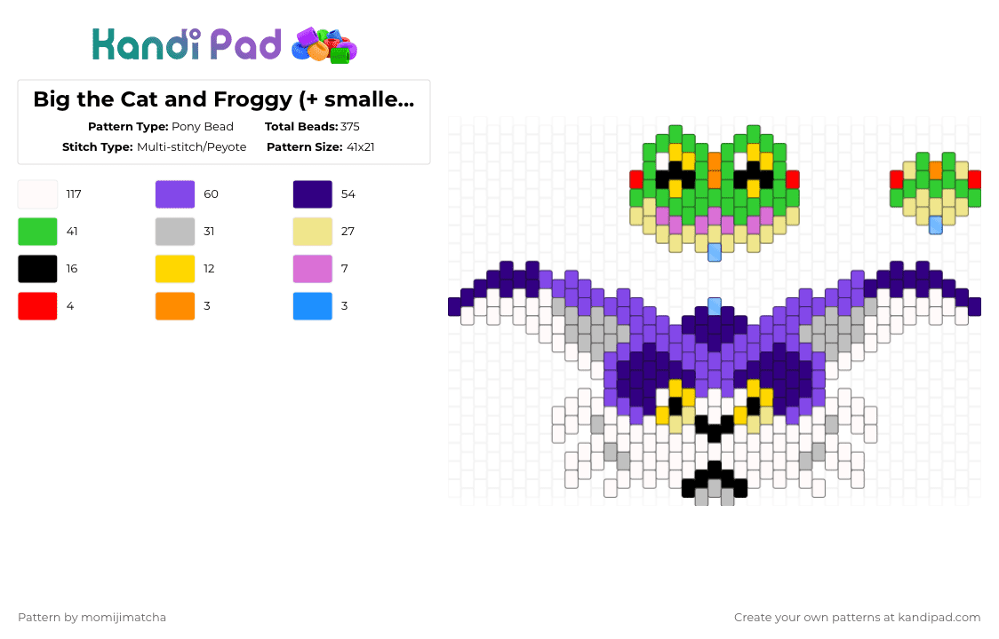 Big the Cat and Froggy (+ smaller froggy) - Pony Bead Pattern by momijimatcha on Kandi Pad - purple,yellow,beige,green,sonic the hedgehog,frog