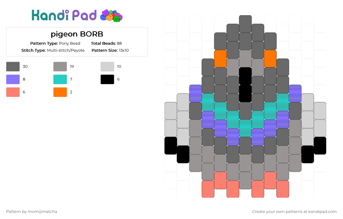 pigeon BORB - Pony Bead Pattern by momijimatcha on Kandi Pad - gray,bird