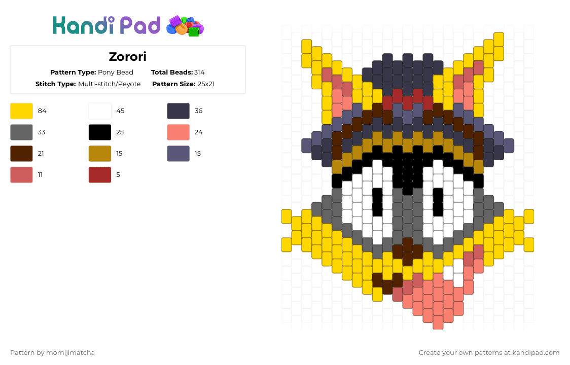 Zorori - Pony Bead Pattern by momijimatcha on Kandi Pad - gray,yellow,anime,fox