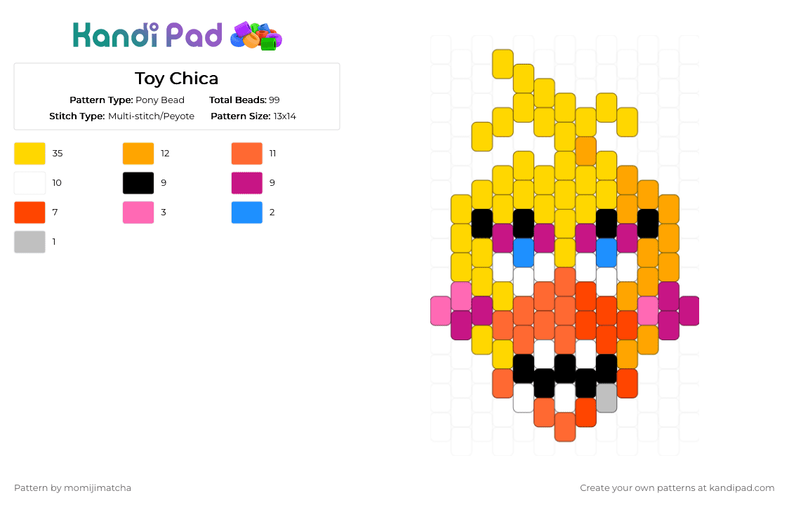 Toy Chica - Pony Bead Pattern by momijimatcha on Kandi Pad - yellow,orange,fnaf,character