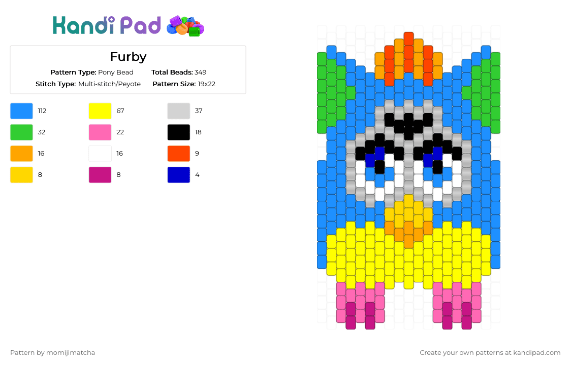 Furby - Pony Bead Pattern by momijimatcha on Kandi Pad - light blue,yellow,toy,90s