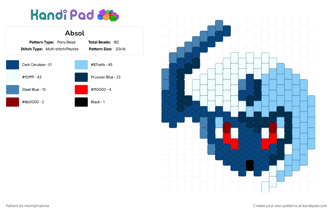 Absol - Pony Bead Pattern by momijimatcha on Kandi Pad - blue, character, light blue, pokemon