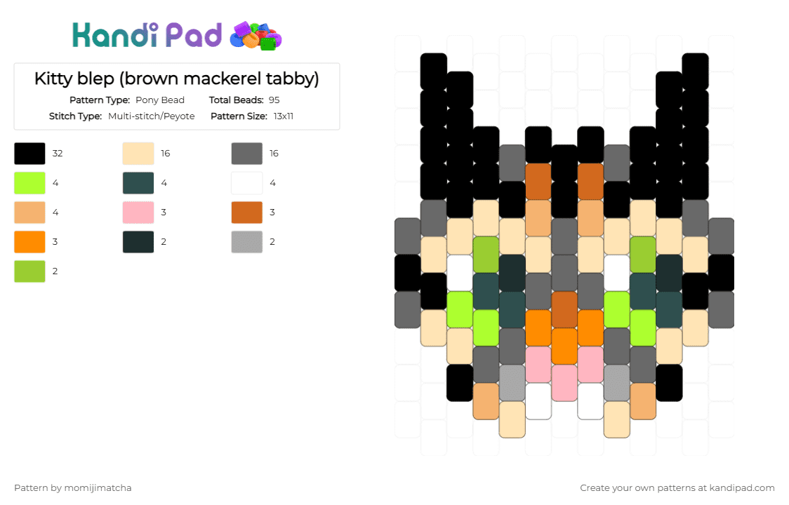 Kitty blep (brown mackerel tabby) - Pony Bead Pattern by momijimatcha on Kandi Pad - gray,beige,cat