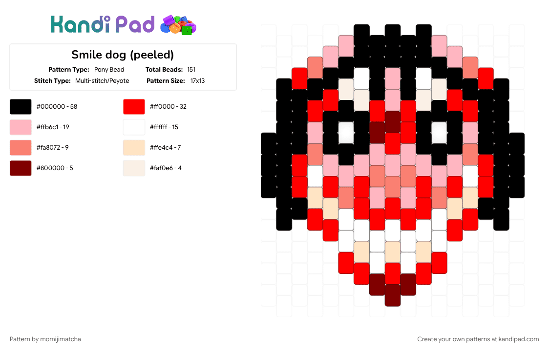 Smile dog (peeled) - Pony Bead Pattern by momijimatcha on Kandi Pad - creepypasta, gore, pink, red