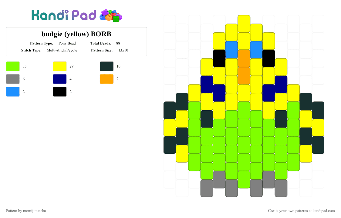 budgie (yellow) BORB - Pony Bead Pattern by momijimatcha on Kandi Pad - yellow,green,bird,parrot