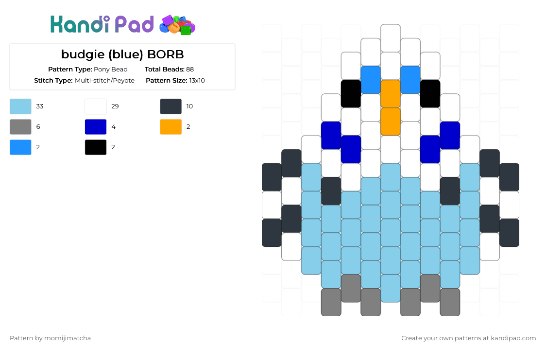 budgie (blue) BORB - Pony Bead Pattern by momijimatcha on Kandi Pad - light blue,bird,parrot