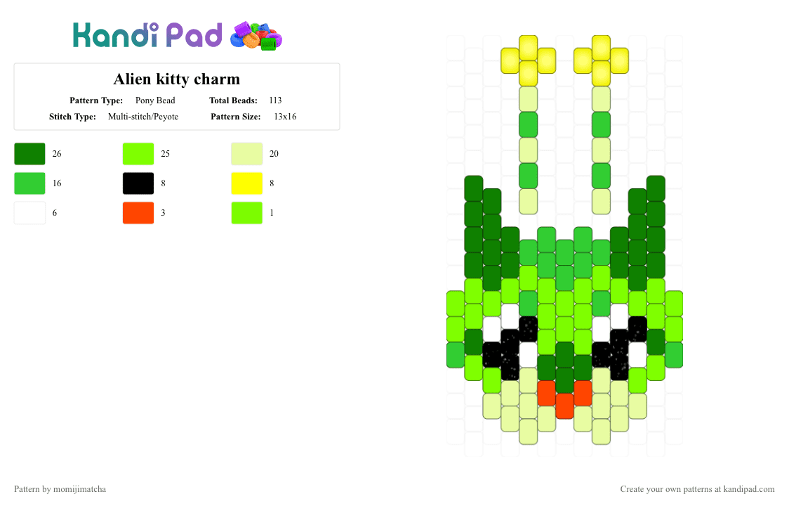 Alien kitty charm - Pony Bead Pattern by momijimatcha on Kandi Pad - green,cat