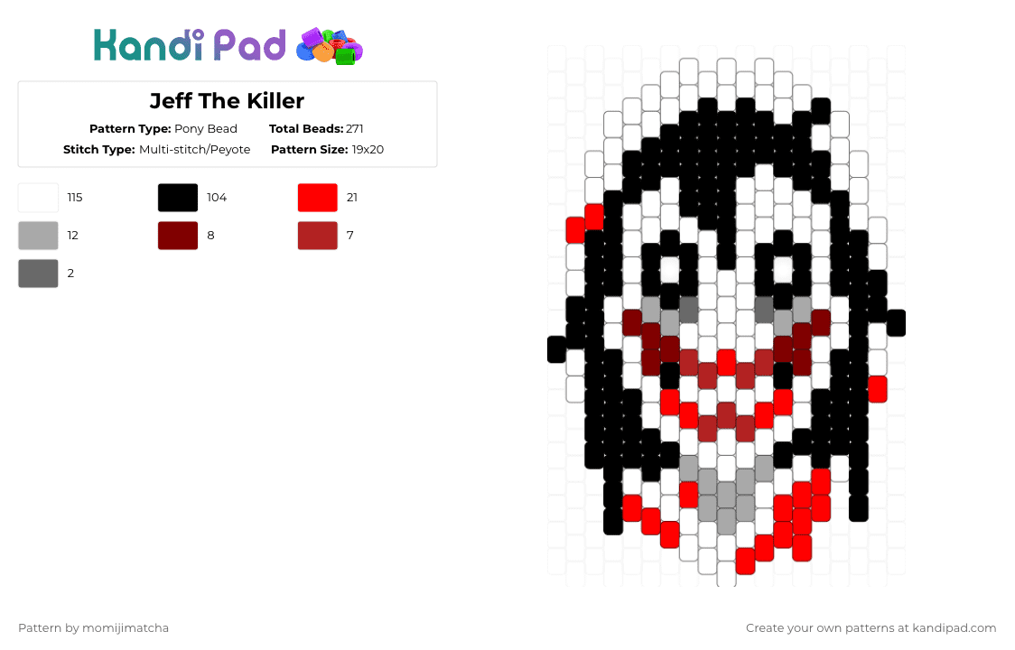 Jeff The Killer - Pony Bead Pattern by momijimatcha on Kandi Pad - white,red,beige,creepypasta