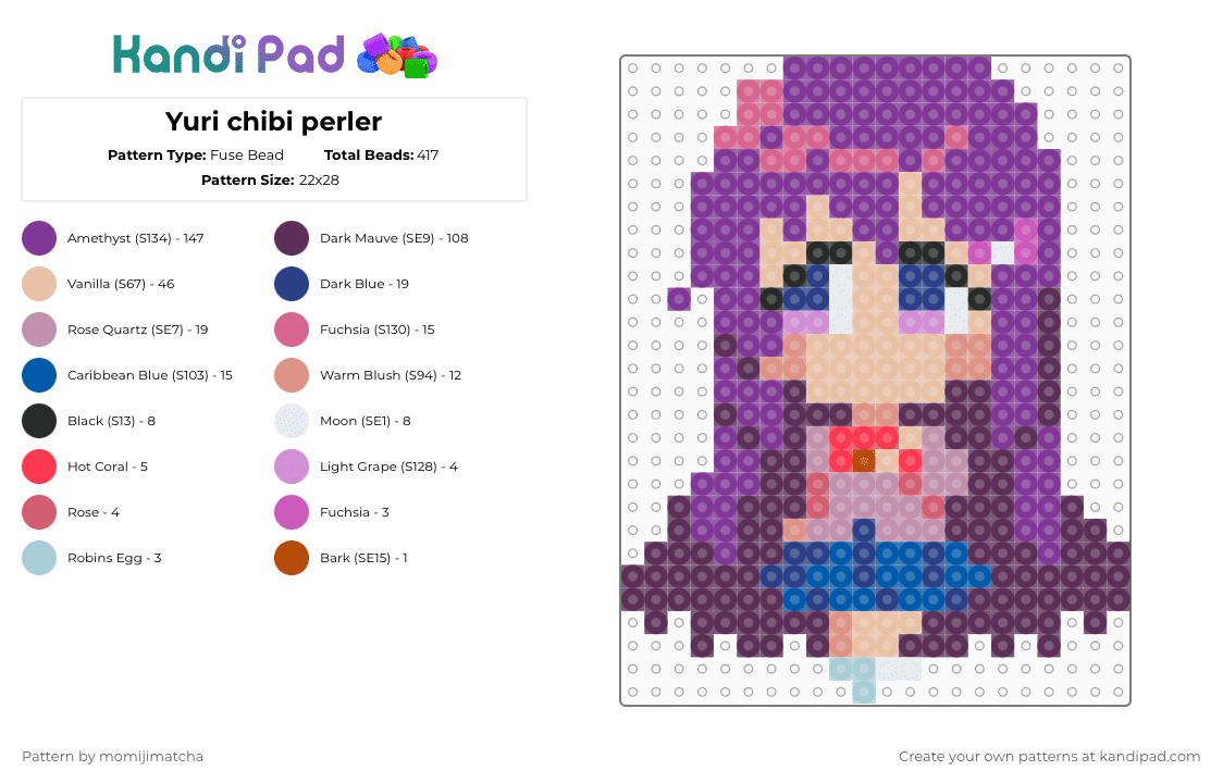 Yuri chibi perler - Fuse Bead Pattern by momijimatcha on Kandi Pad - pink,ddlc,doki doki literature club,anime,girl