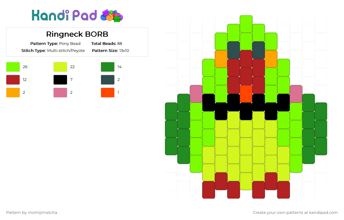 Ringneck BORB - Pony Bead Pattern by momijimatcha on Kandi Pad - green,red,yellow,bird,parrot