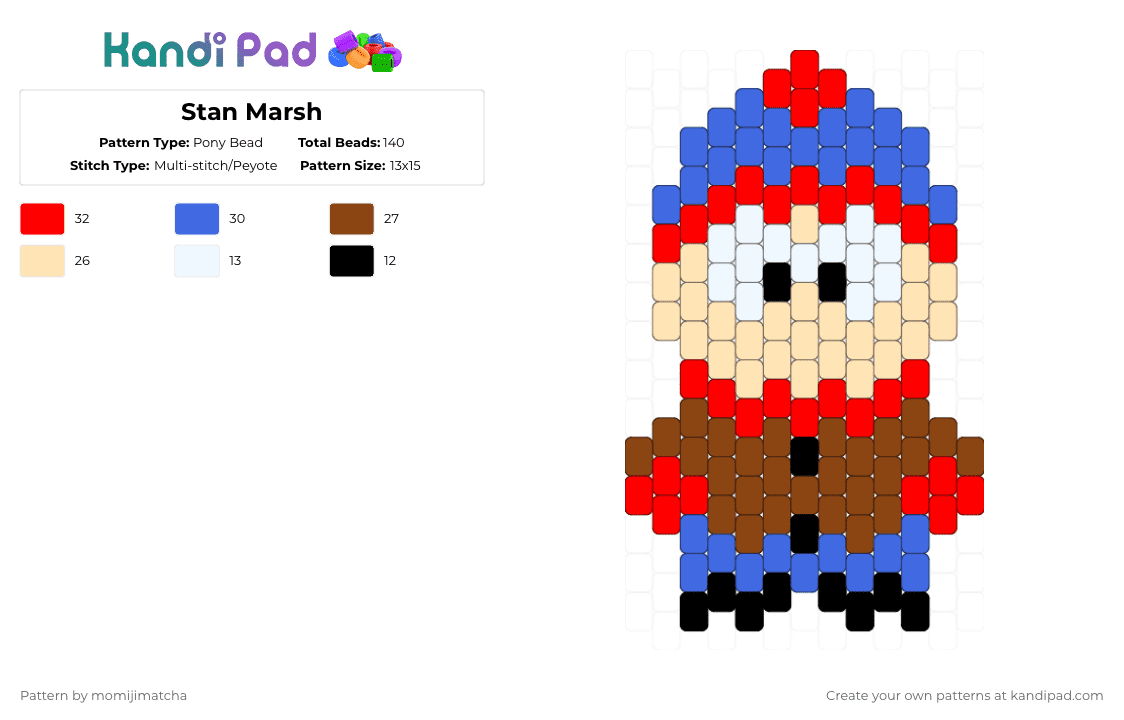 Stan Marsh - Pony Bead Pattern by momijimatcha on Kandi Pad - stan marsh,south park,cartoon,tv show,kenny,charm,red