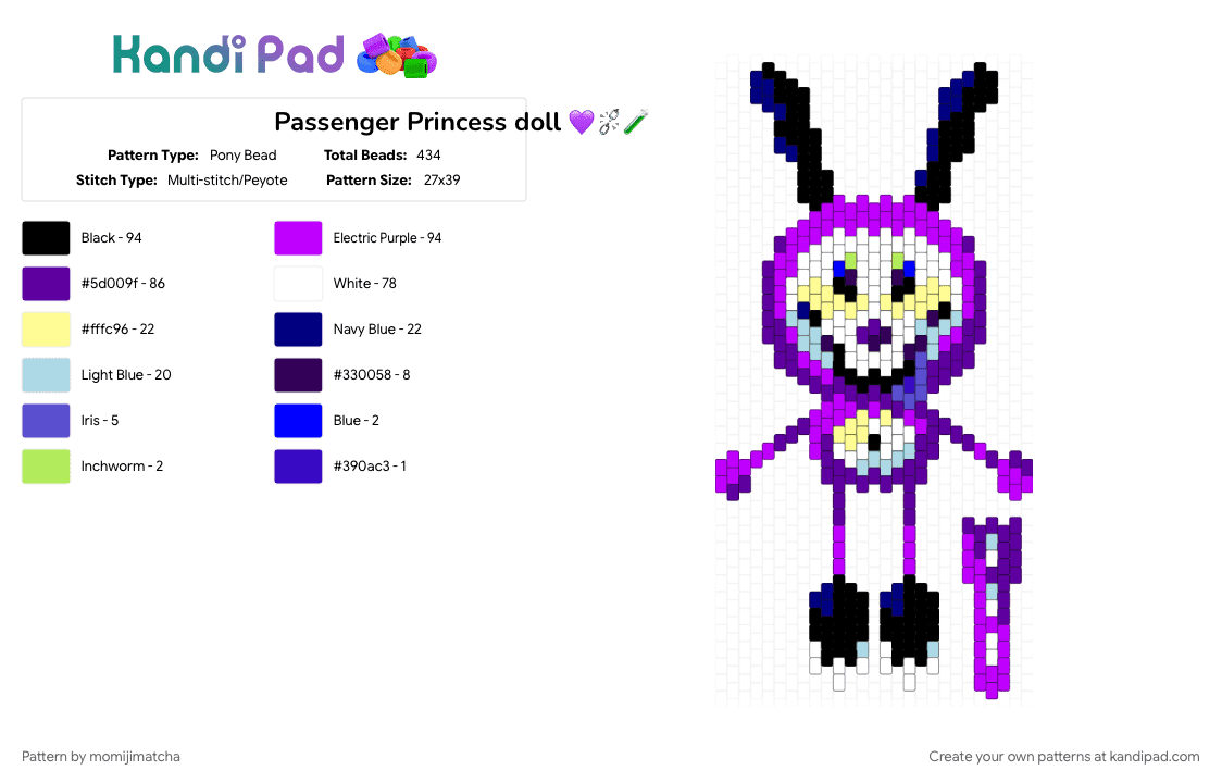 Passenger Princess doll 💜⛓️‍💥🧪 - Pony Bead Pattern by momijimatcha on Kandi Pad - purple