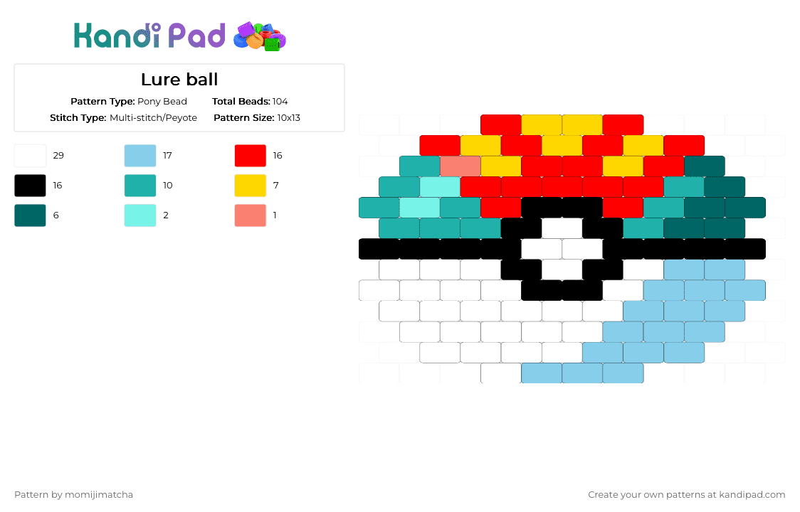Lure ball - Pony Bead Pattern by momijimatcha on Kandi Pad - red,teal,light blue,pokemon,pokeball