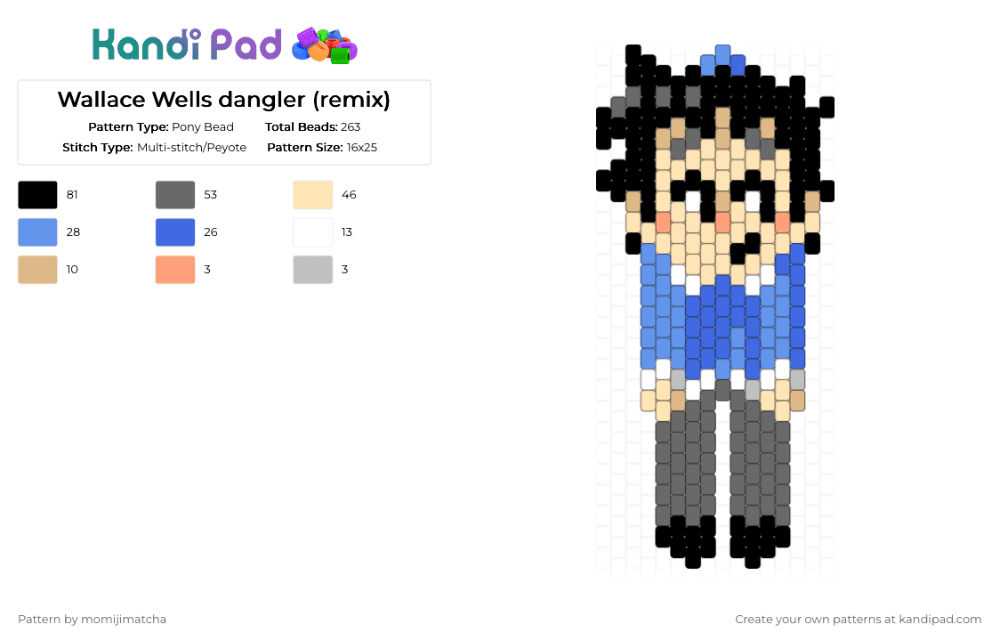 Wallace Wells dangler (remix) - Pony Bead Pattern by momijimatcha on Kandi Pad - gray,beige,scott pilgrim,character