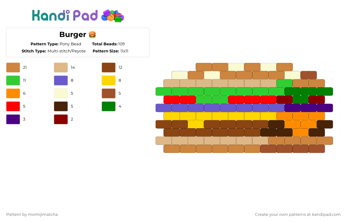 Burger 🍔 - Pony Bead Pattern by momijimatcha on Kandi Pad - beige,green,orange,red,food