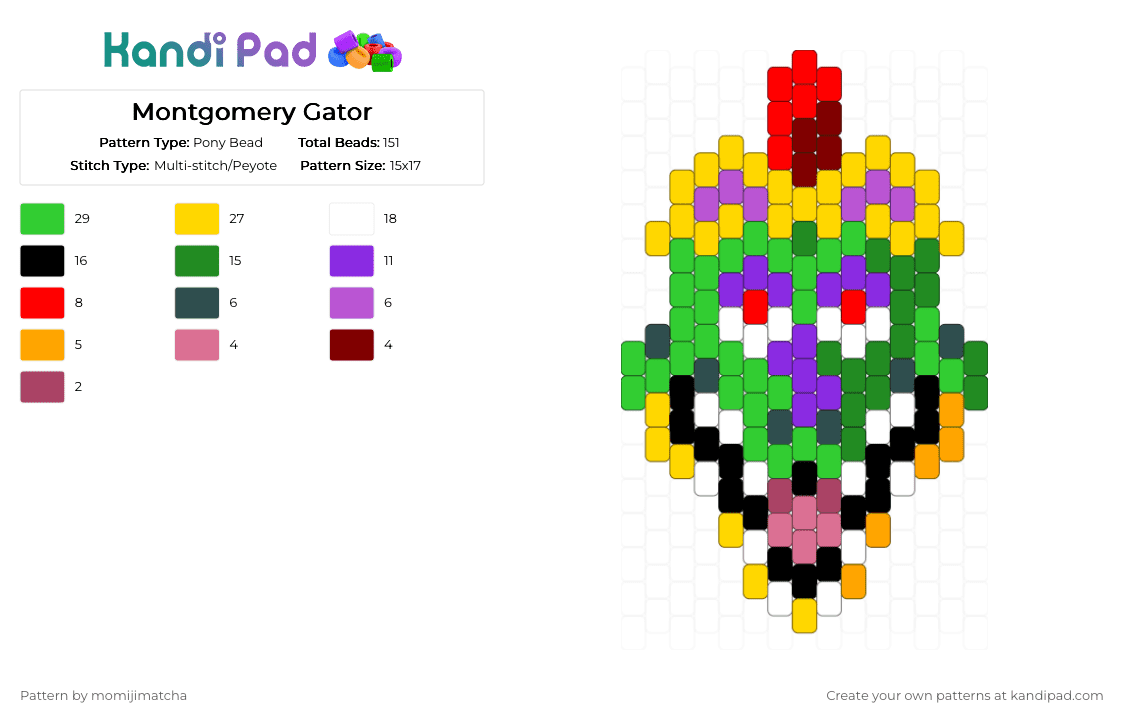 Montgomery Gator - Pony Bead Pattern by momijimatcha on Kandi Pad - green,yellow,fnaf,character