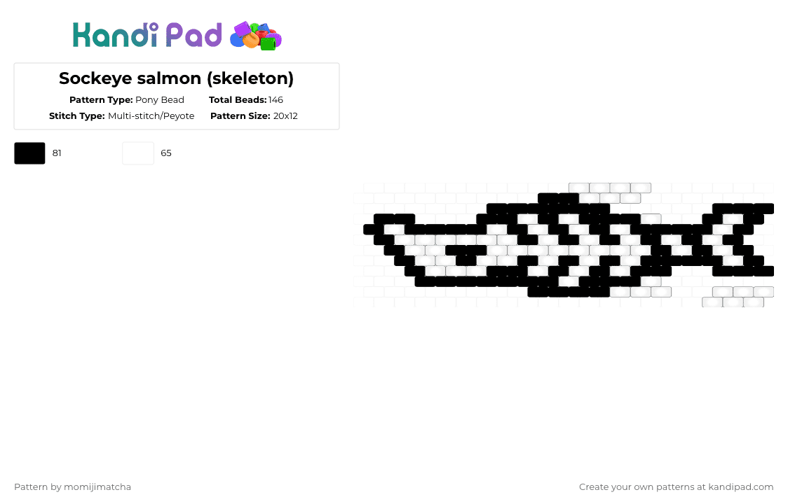 Sockeye salmon (skeleton) - Pony Bead Pattern by momijimatcha on Kandi Pad - white,black,fish,xray,animal