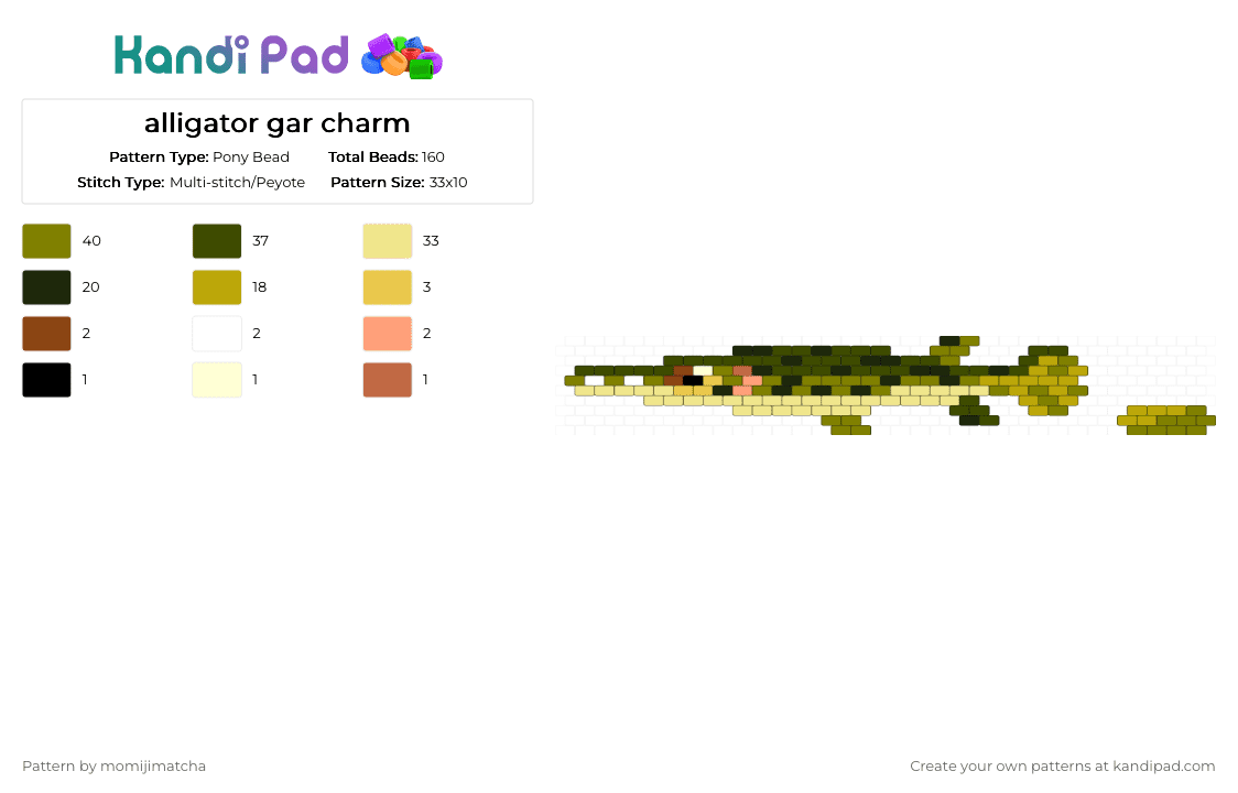 alligator gar charm - Pony Bead Pattern by momijimatcha on Kandi Pad - fish, gold, yellow
