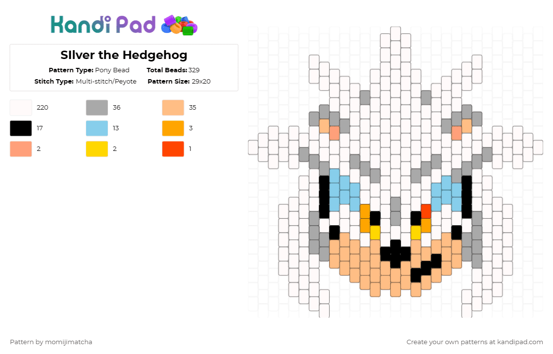 SIlver the Hedgehog - Pony Bead Pattern by momijimatcha on Kandi Pad - silver,hedgehog,sega,video game,cartoon,gaming,animal,white,beige,orange,sonic the hedgehog