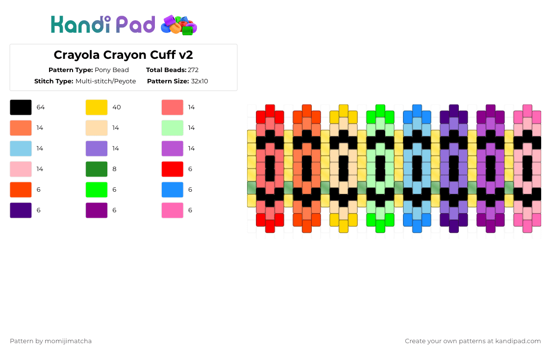 Crayola Crayon Cuff v2 - Pony Bead Pattern by momijimatcha on Kandi Pad - red,yellow,pink,art,colors