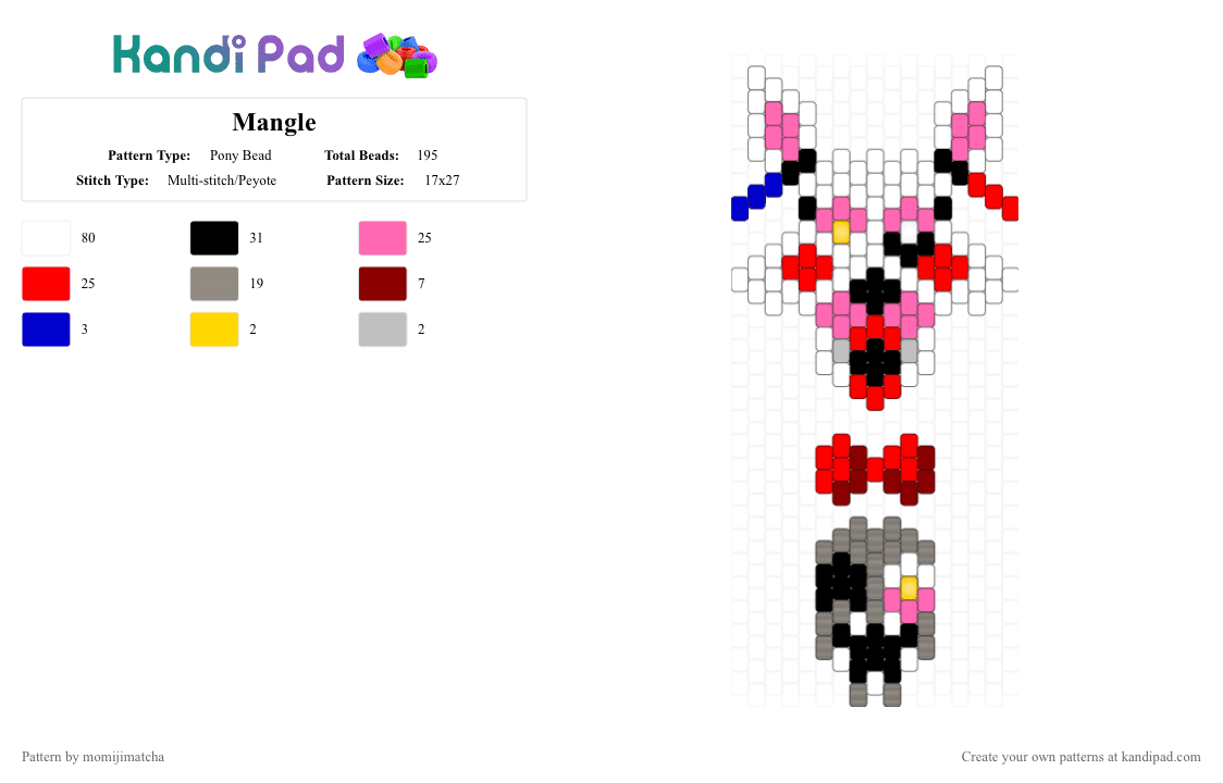 Mangle - Pony Bead Pattern by momijimatcha on Kandi Pad - white,pink,red,gray,fnaf,character,fox,robot