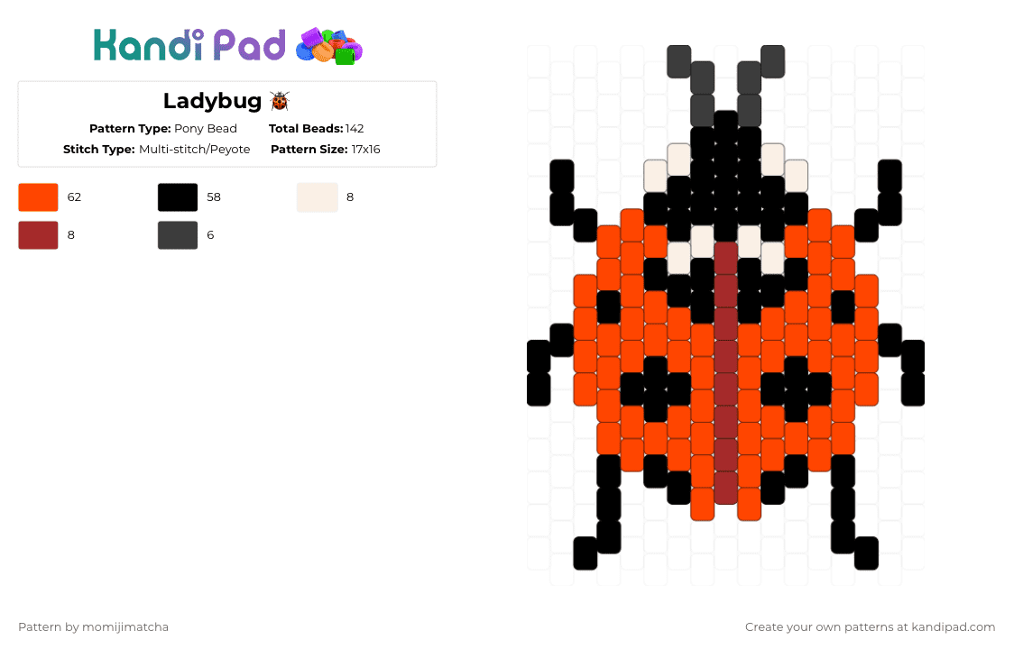 Ladybug 🐞 - Pony Bead Pattern by momijimatcha on Kandi Pad - red,bug,insect,cotdladybugs