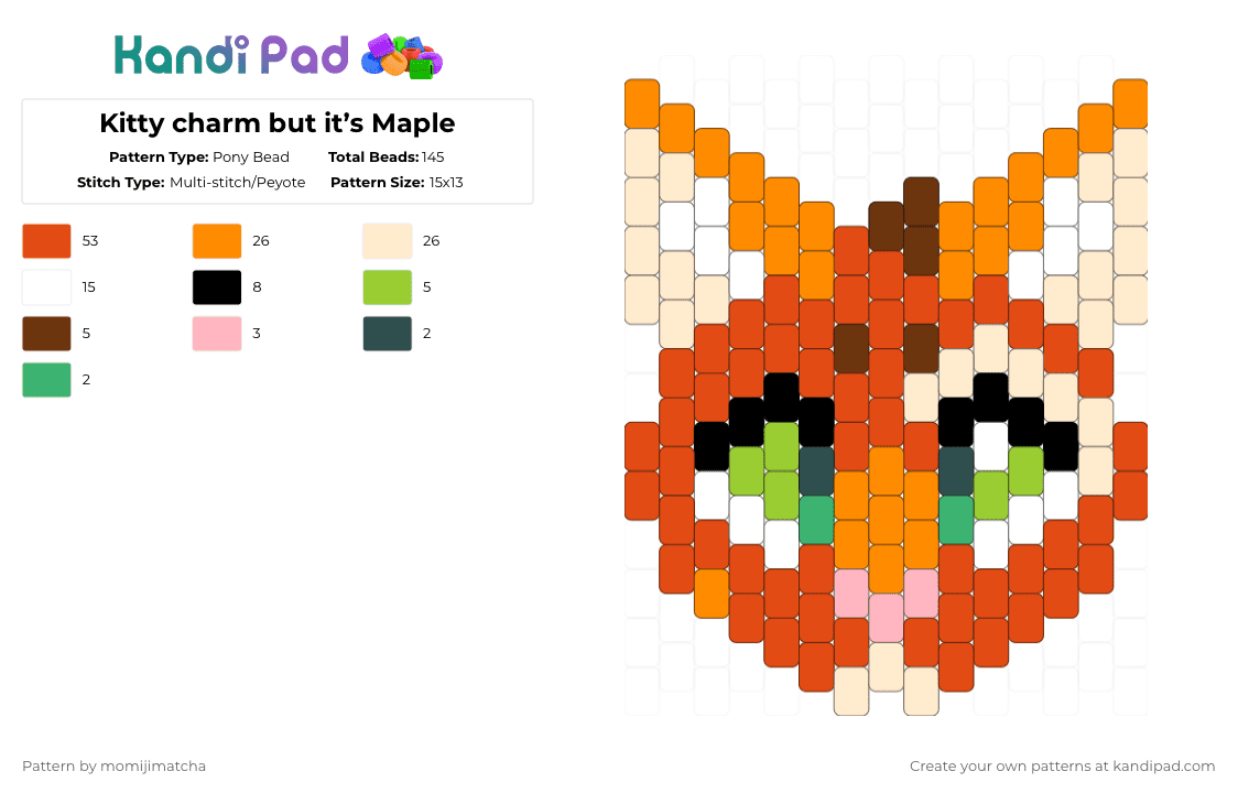 Kitty charm but it’s Maple - Pony Bead Pattern by momijimatcha on Kandi Pad - red,orange,beige,animal,cat,oc,fursona